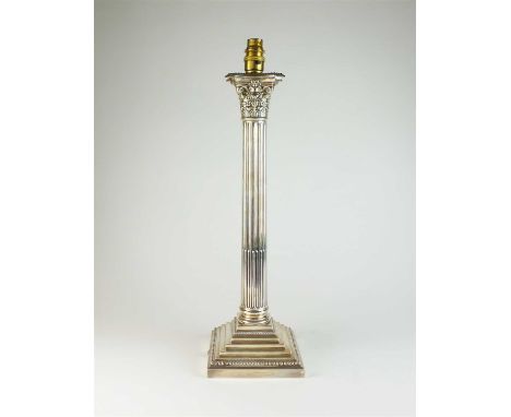 A silver mounted lamp base conversion, Sheffield, the Corinthian column raised on stepped square base with beaded rim, 46cm h