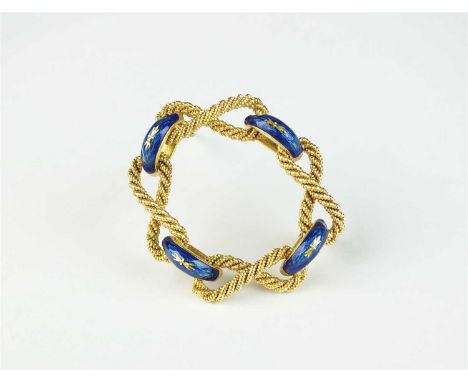 An yellow metal and blue enamel stylised rope brooch, the reverse stamped '750', 35mm wide, weight approx 10.4g