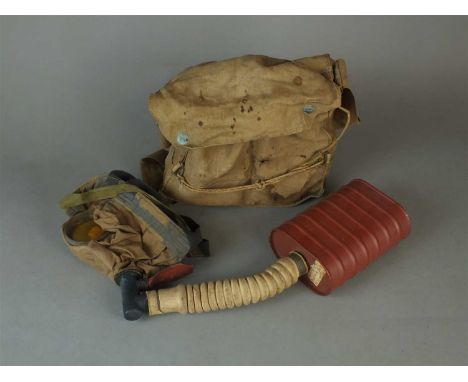 A rare example of a WW1 British 1917 pattern small box respirator Home Service gas mask - the mask with canister contained wi