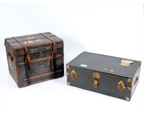 Two Edwardian luggage cases, one bound in leather and strapped with oak bars and applied brass caps, with leather straps and 