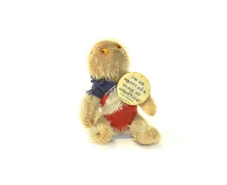 Vintage Farnell “Campbell” Bear with Red, White and Blue muslin outfit and "I'm as happy as a clam at high tide" metal badge.