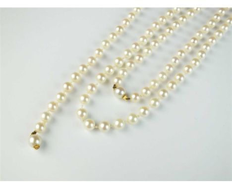 A cultured pearl matinee necklace, with cultured pearl yellow metal mounted clasp, stamped '750', 34 inches long, together wi