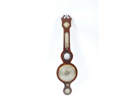 A 19th century mahogany veneered wheel barometer by J Somalvico &amp; Co, London, the 7.5" silvered dial below a mirrored pan