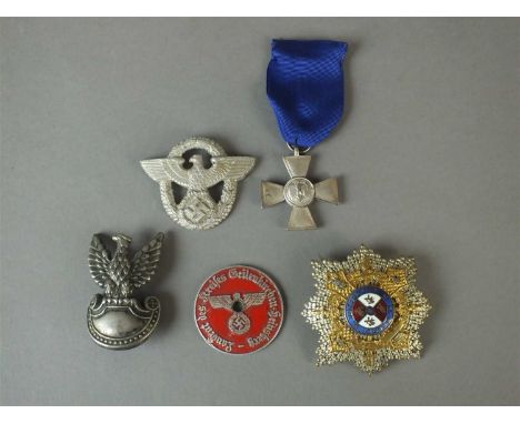 German militaria to include a Wehrmacht 18-Year Long Service award, Police cap eagle and a Landrat regional vehicle registrat