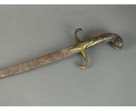 An Ottoman Turkish Sword Shamshir late 19th century with curved, singled edge blade, two-piece horn grip and brass crosspiece