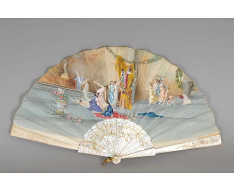 A 19th century painted silk fan, framed over sixteen cut mother-of-pearl bars, incised, gilded and painted with floral and fo