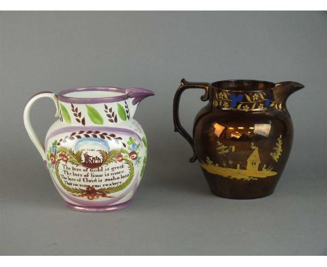 A 19th century pink Sunderland lustre jug, named and dated inscribed "Mary Corn, Hedley, Aged 15th 1829" above religious vers