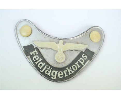 A reproduction German Third Reich Feldjägerkorps Military Police gorget five-piece, silver washed sheet metal and alloy const
