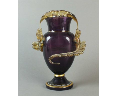 A Victorian glass vase by Auguste Jean of Paris or Harrach circa 1880, the amethyst glass vase applied with pale amber lizard