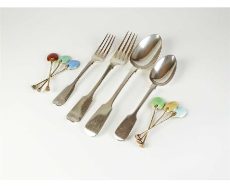 A collection of silver Fiddle pattern flatware, various dates and makers, comprising; eight tablespoons, eight dessert spoons