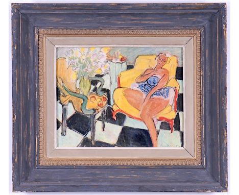 HENRI MATISSE, Jeune Fille assise sur une chaise jaune, off set lithograph, signed in the plate, vintage frame. (Subject to A