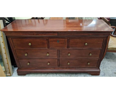 LONG CHEST/BANK OF DRAWERS, 161cm W x 48cm D x 92cm H, mahogany. 