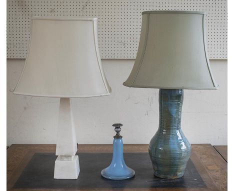 TABLE LAMP, 77cm H, blue/green pottery, with silk shade, together with a white marble obelisk lamp, 74cm H and a blue glass c