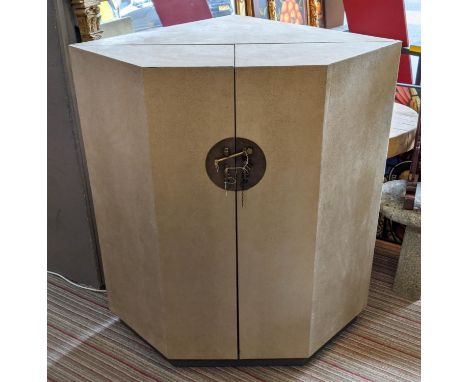 CORNER COLLECTORS CUPBOARD, 108cm W x 81cm D x 118cm D, Shagreen style fabric upholstery with a multitude of drawers and hang