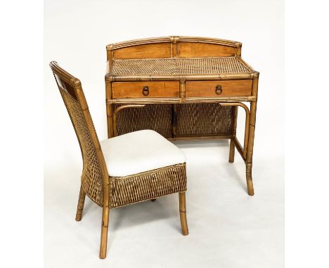 WRITING TABLE, Colonial style bamboo framed and cane woven panelled with two frieze drawers and companion chair, 90cm W x 50c