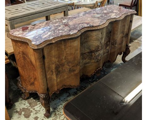 SERPENTINE SIDEBOARD, 190cm x 61cm x 100cm, 1920s/30s, walnut with marble top, panelled doors and drawers. 