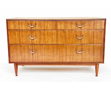 MEREDEW CHEST, 1970s teak with two short and two long drawers raised upon tapering supports, 122cm W x 55cm D 74cm H. 