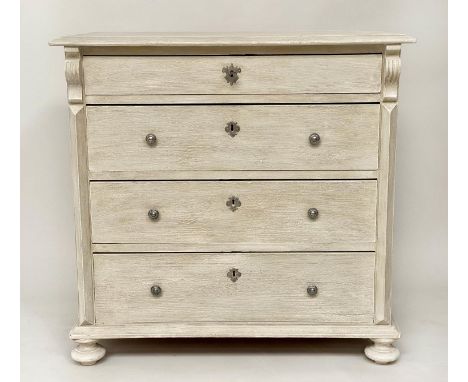 COMMODE, 19th French Napoleon III grey painted with four drawers silvered mounts and fluted pilasters, 95cm x 54cm D x 93cm H