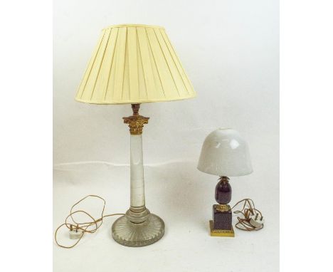 PINEAPPLE TABLE LAMP, mid century black glass, with gilt metal mounts and dome shade along with Corinthian glass column lamp,