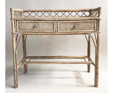 WRITING/SIDE TABLE, 92cm W x 84cm x 46cm D, rattan framed wicker panelled and cane bound, with gallery and two frieze drawers