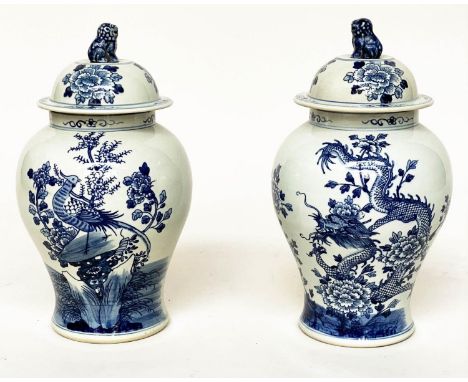 CHINESE VASES, a pair, Chinese ceramic blue and white of lidded ginger jar form, 37cm H. (2) 