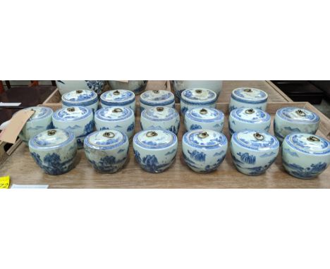 GINGER JARS, a set of eighteen, mixture of three different sizes, 13cm H at tallest, Chinese export style blue and white cera