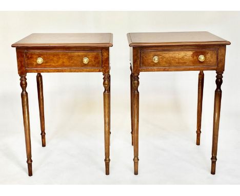 LAMP TABLES, a pair, George III design burr elm and crossbanded each with frieze drawer and turned supports, 51cm W x 46cm D 