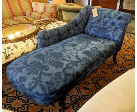 CHAISE LONGUE, 63cm H x 160cm W x 65cm D, late Victorian, blue foliage upholstery, turned supports and ceramic castors. 