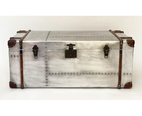 TRUNK, 102cm x 52cm x 41cm H, American aviator style, polished studded aluminium, with rising lid and handles. 