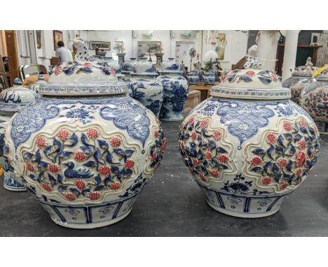 JARS WITH COVERS, a pair, 40cm H, Yuan Dynasty style ceramic. (2) 