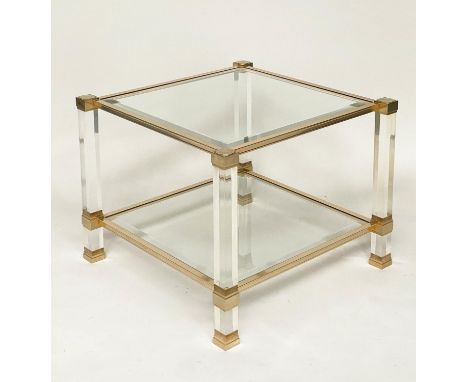 LAMP TABLE, square bevelled glass and gilt metal framed with lucite columns and undertier in the manner of Maison Jansen, 58c