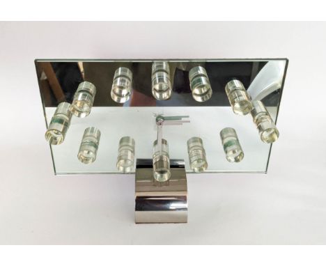 MANTEL CLOCK, 27cm H x 38cm W, Art Deco, with spring driven three pillared movement, glass dial with glass markers and arched