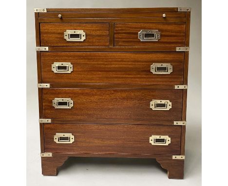 CAMPAIGN STYLE CHEST, mahogany and brass bound with brushing slide and five drawers, 61cm x 31cm x 73cm H. 