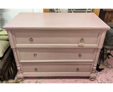 COMMODE, 93cm H x 125cm W x 66cm D, French, probably 19th century, painted in salmon pink, fitted with three drawers, applied