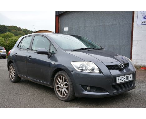 A 2008 Toyota Auris Hatch-back 1.6 VVTi T3 5-door 1,598 cc Petrol-engined 5-speed manual gearbox motorcar finished in dark me