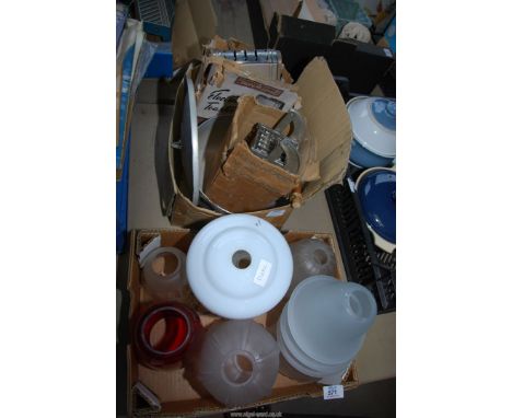 Two boxes of miscellaneous, vintage kitchen tools including Swan toaster and light shades.