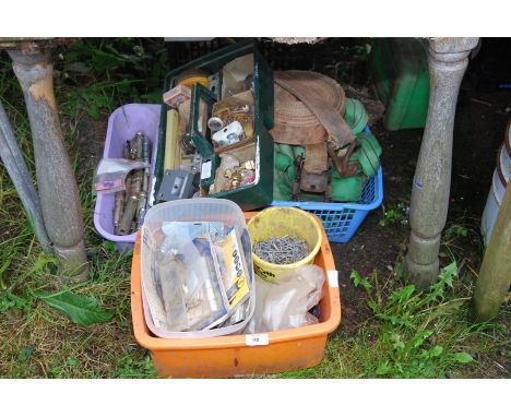 Four boxes containing; nails, bolts, ratchet straps, etc.