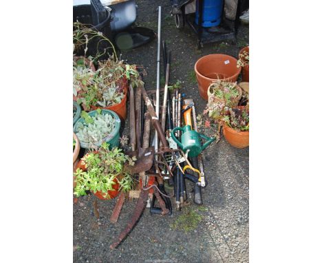 Quantity of garden tools, bow saw, log splitter, spade, and fork etc.