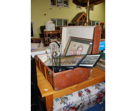 A wooden bound trunk with a pastel picture, companion set and, school pictures of 'Malvern College'.