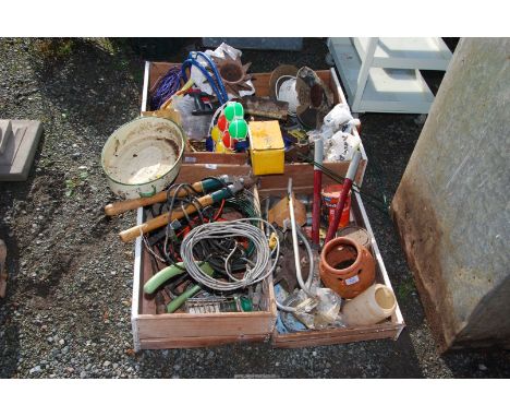 Loppers, garden shears, paints, wire cable, and crocus planter etc.