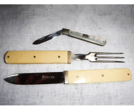 A TRAVELLING KNIFE AND FORK, the blade engraved 'Bonsa' and a folding fruit knife