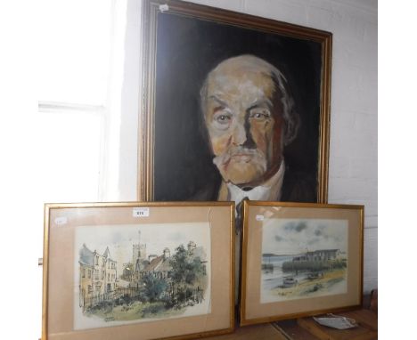 AN OIL ON CANVAS PORTRAIT OF THOMAS HARDY and two watercolours of Lyme Regis by Thompson