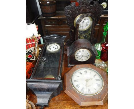 A MAHOGANY CASED WALL CLOCK, an American mantel clock and others similar (4)