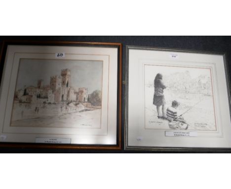 R STANDISH-SWEENEY: 'Waiting for a Bite, Weymouth Harbour', graphite, and a watercolour 'Rio Terr, Gerona' by the same artist
