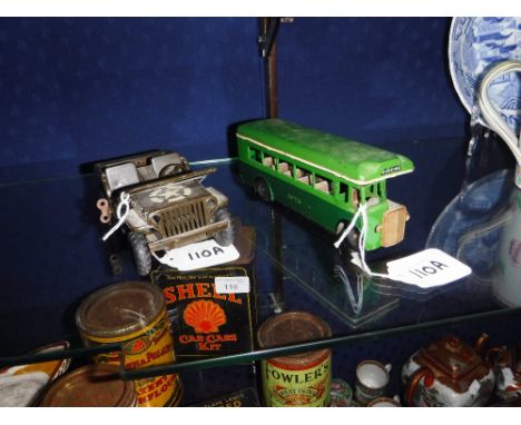 MINIC TOYS: A TIN PLATE GREEN-LINE CLOCKWORK BUS and a Tri-Ang tin plate American jeep (2)