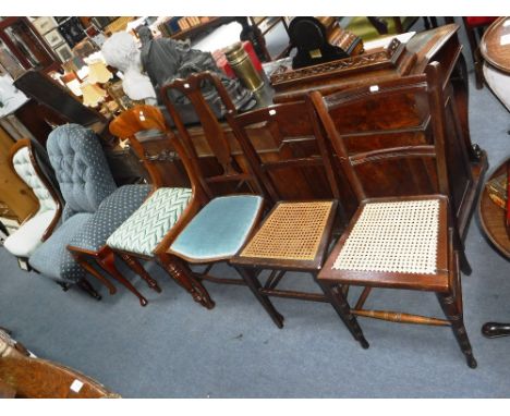 A COLLECTION OF SIX VARIOUS DINING AND BEDROOM CHAIRS and a stool with upholstered seat