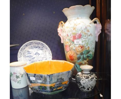 A LARGE 19TH CENTURY CONTINENTAL CERAMIC VASE decorated with roses, a Royal Staffordshire lustre bowl and similar ceramics