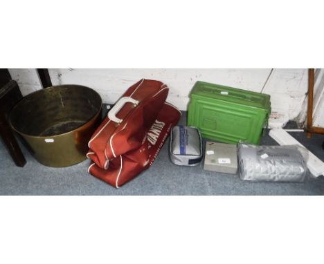 A VINTAGE 'QUANTAS' FLIGHT BAG, a 'Concorde' hip-flask, an ammunition box and similar items 