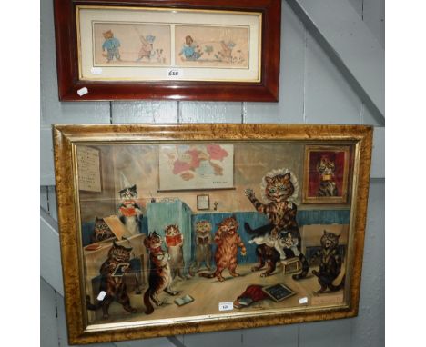 LOUIS WAIN: A 19th century framed chromolithograph 'The Naughty Puss', showing various cats at school, and two smaller framed