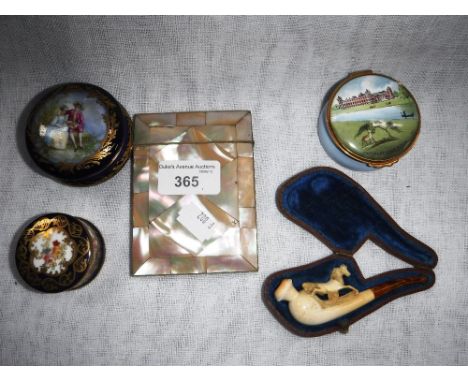 A MOTHER-OF-PEARL CARD CASE, a Meerschaum pipe and three pill-boxes 